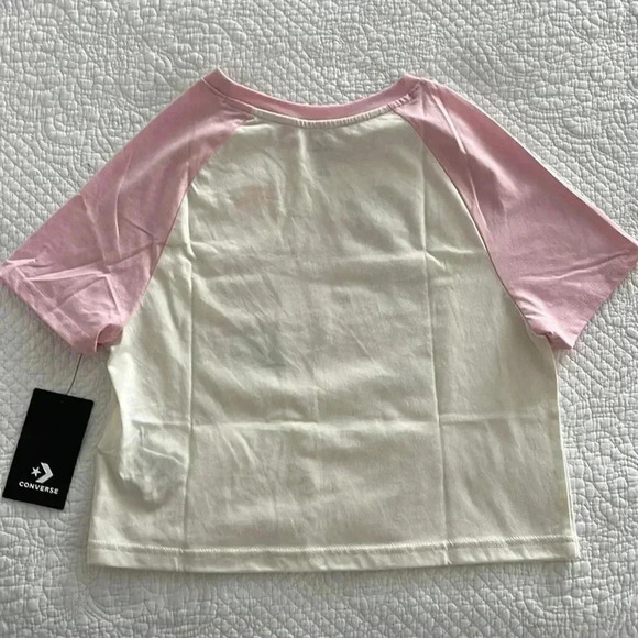 Converse Pink White Graphic Color Block Cropped Boxy Tee Girls Medium 10‑12 - Picture 2 of 7